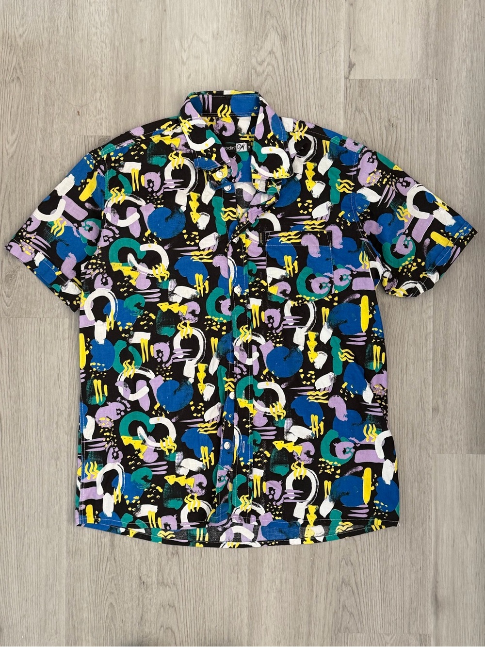Vintage Black Abstract Print Short Sleeve Button-Down Shirt